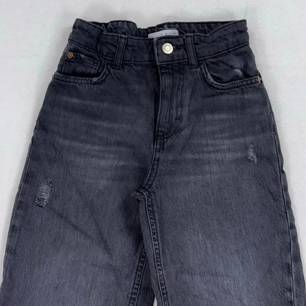 Zara Kids Girls Distressed Wide Leg Jean Size 9 Washed Black Gray
